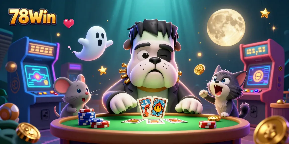 Engaging 78Win scene showcasing a Frankenstein bulldog dealing cards while a ghost mouse floats, highlighting casino excitement.