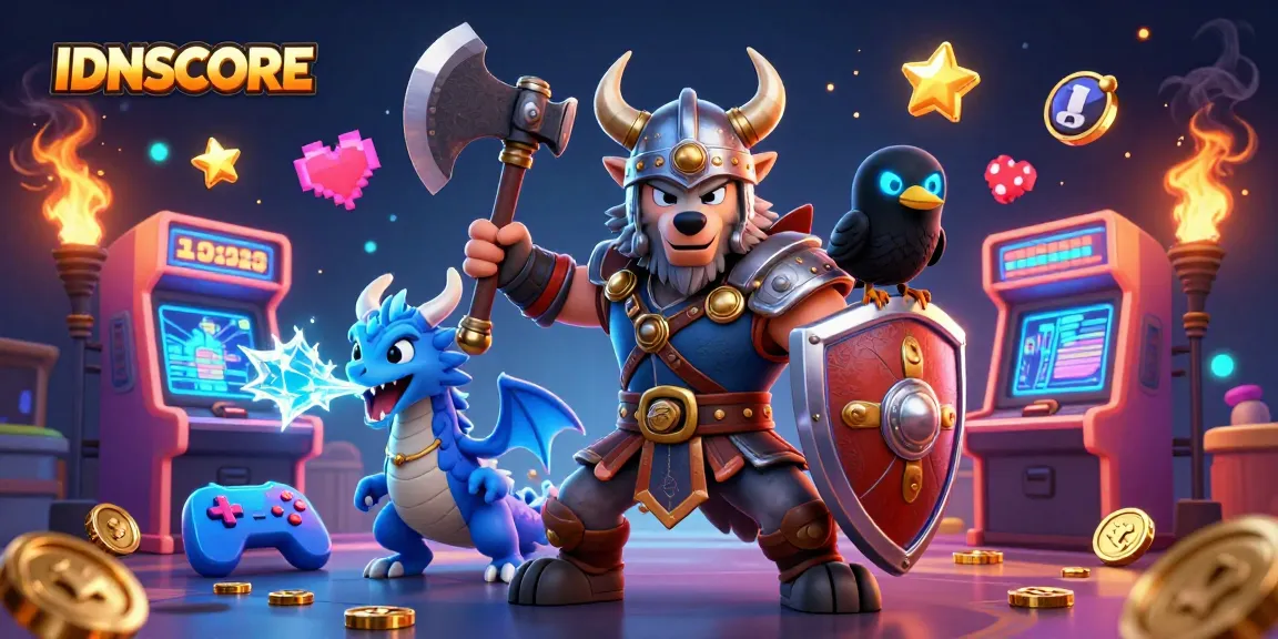 Experience excitement with IDNSCORE through a vibrant 3D illustration featuring a warrior and dragon in a casino gaming world.