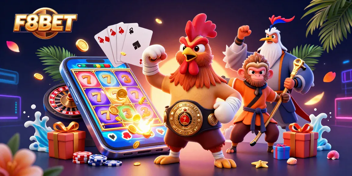 Experience the thrilling action of F8BET with vibrant gaming characters and dynamic casino elements.