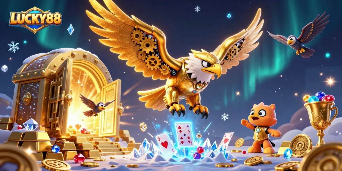 LUCKY88 showcases a vibrant 3D illustration featuring cybernetic eagles amidst holographic cards.
