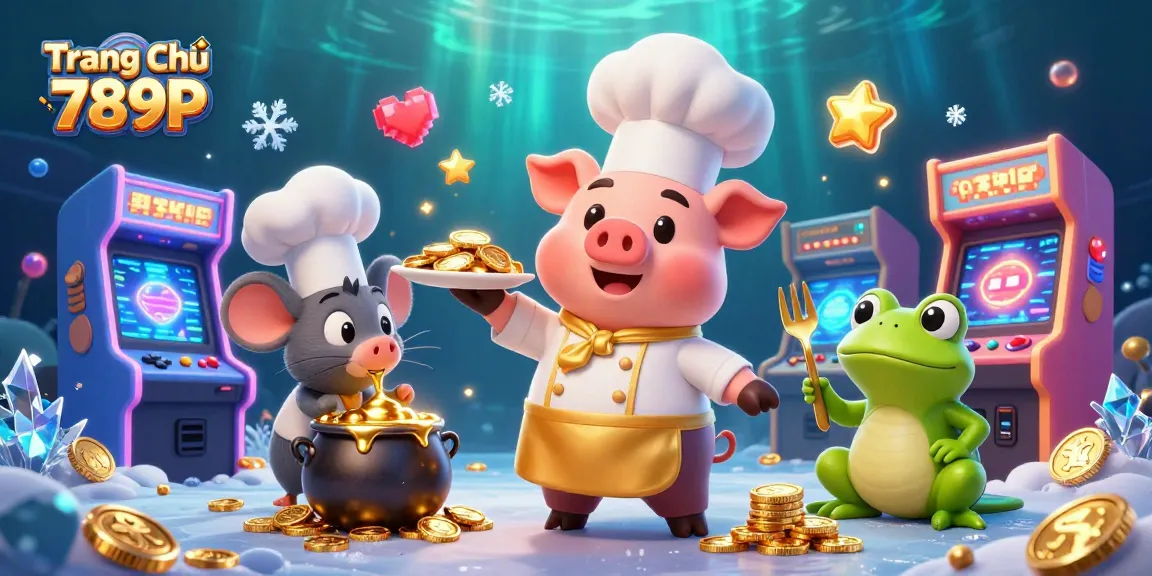 Join the fun at Trang Chủ 789P, where a chef pig serves golden coins surrounded by vibrant gambling elements.