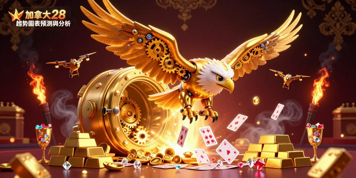 Engaging scene showcasing 加拿大 28 趨勢圖表預測與分析 with a golden eagle in a vibrant casino, surrounded by holographic cards and treasures.