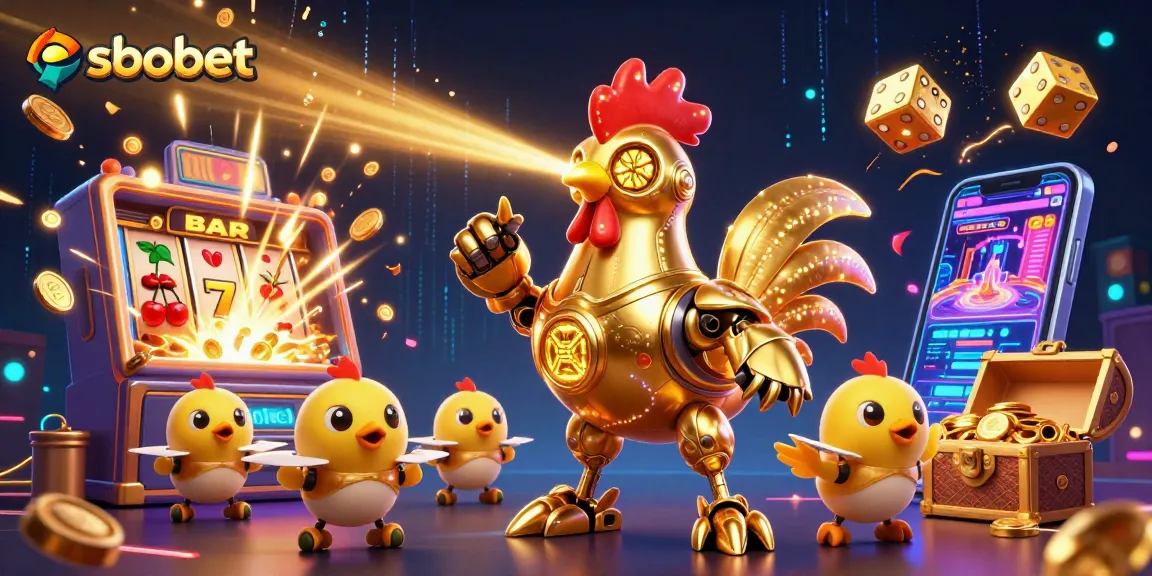 Bet on sbobet to win big with a dynamic scene of a rooster robot and baby chick drones!