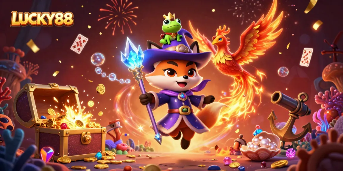 Experience thrilling wins with LUCKY88 in this vibrant 3D casino illustration featuring magical characters.