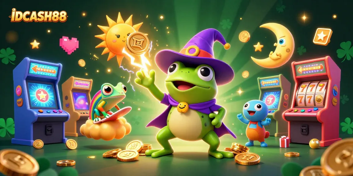 Engage with IDCASH88's vibrant slots experience featuring a rainbow chameleon and golden coins.