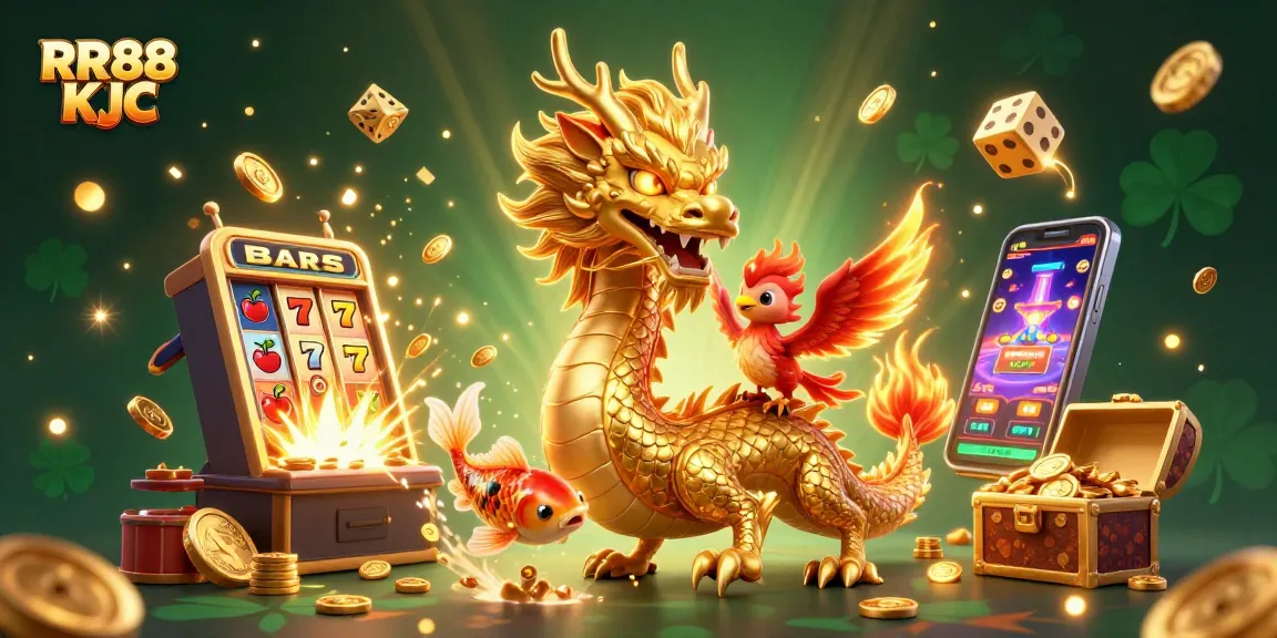 Engage in exciting gameplay with RR88 KJC, where a fierce dragon, phoenix, and koi fish celebrate big wins.