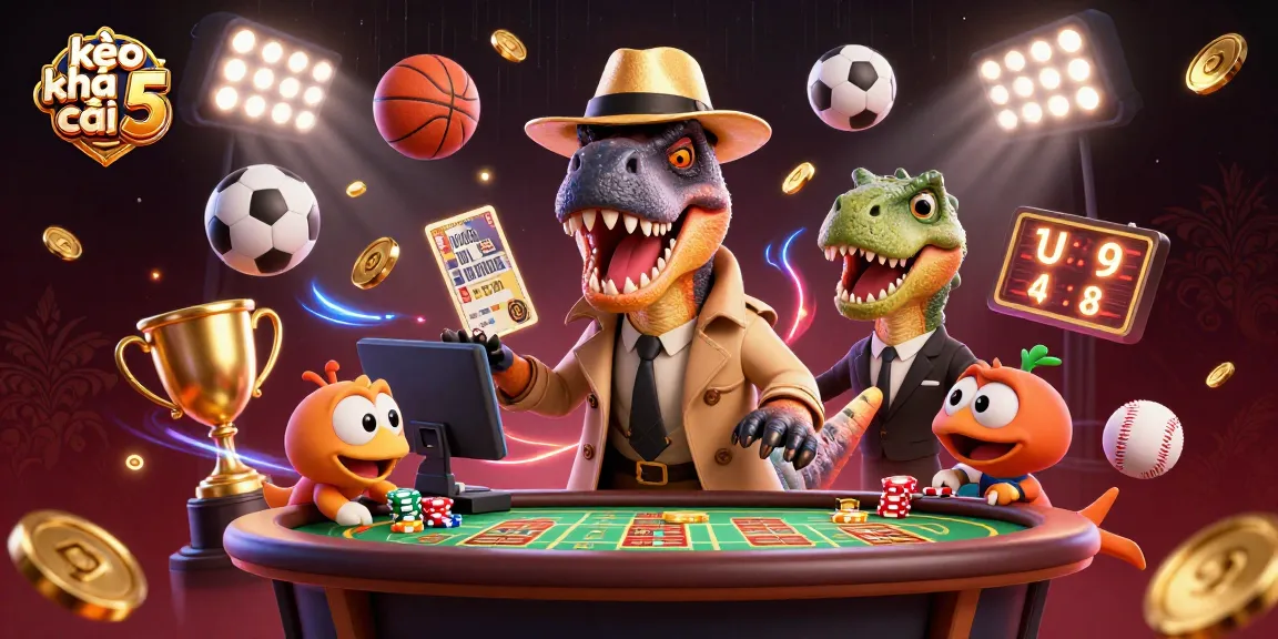Engage with kèo nhà cái 5 strategies at a vibrant sports betting table scene featuring colorful characters.