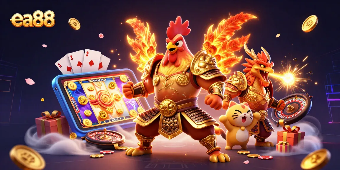 Experience thrilling gaming at ea88 with a 3D cartoon fighting rooster and dragon in a vibrant casino scene.